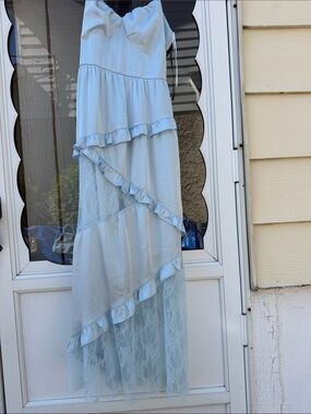 Francesca's Collections Light Blue Ruffle Lace Maxi Dress